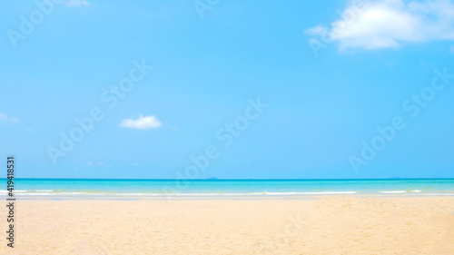 Summer Vacation trip. Beautiful white sand and blue sea and blue sky for traveling in the holiday. Summer and Background concept