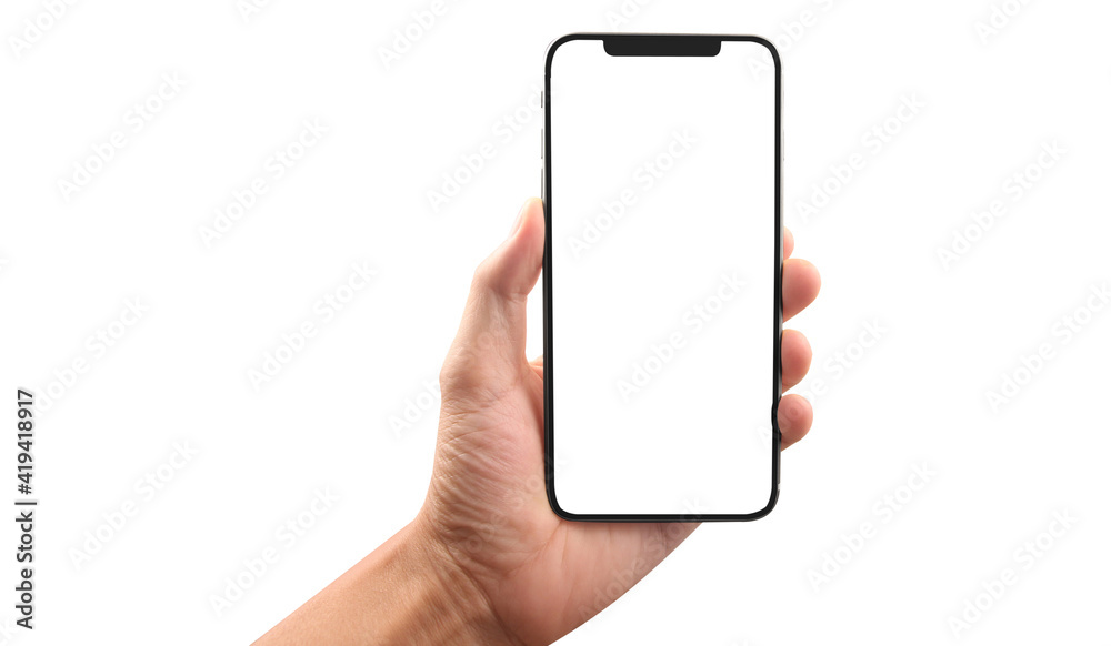Hand holding smartphone device touching screen Hand holding smartphone device touching screen