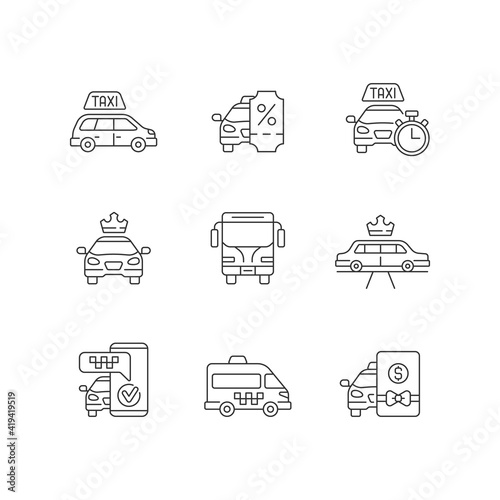 City transport linear icons set. Modern taxi service. Luxury car rental. Minivan taxis. Customizable thin line contour symbols. Isolated vector outline illustrations. Editable stroke