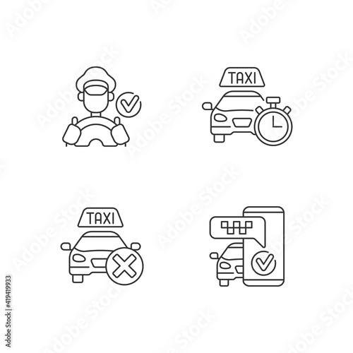Urban taxi service linear icons set. Modern taxi service. Available city transport. Transportation. Customizable thin line contour symbols. Isolated vector outline illustrations. Editable stroke