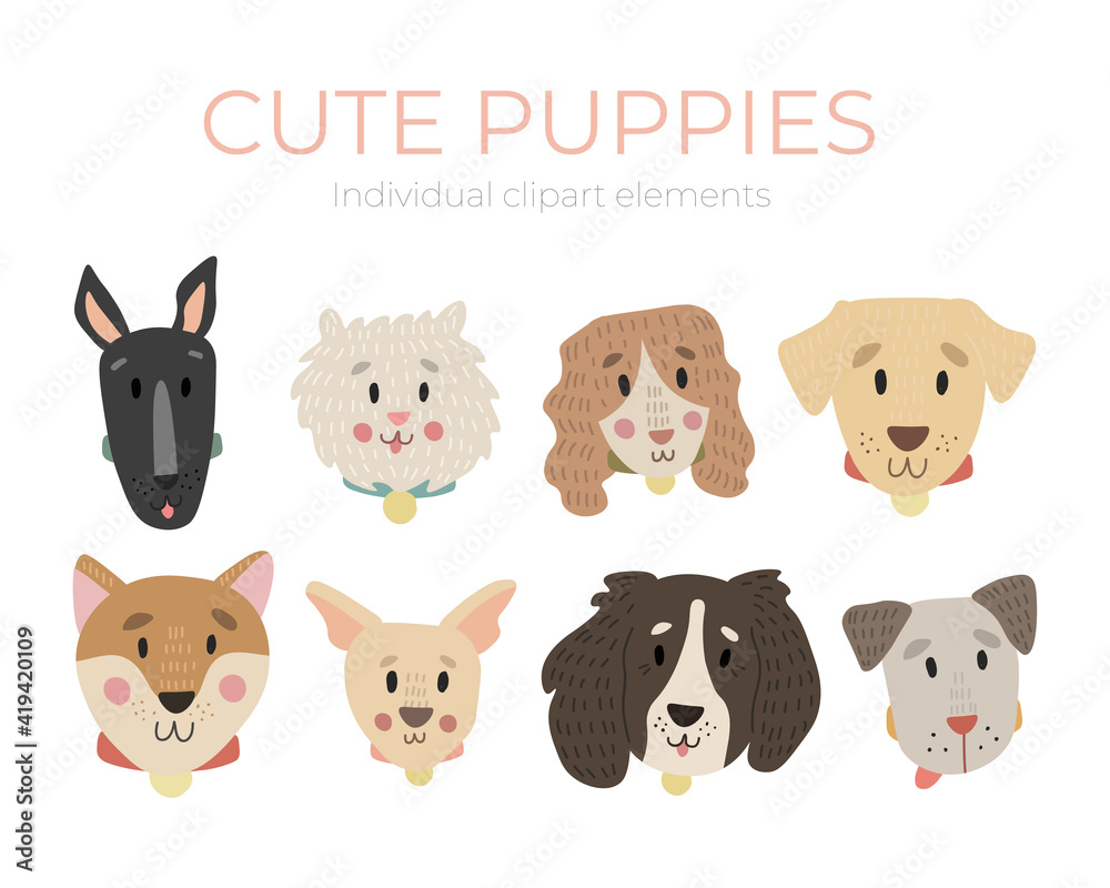 Cute cartoon hand drawn animal faces. Characters of different breeds of dogs. Vector illustration fo baby card