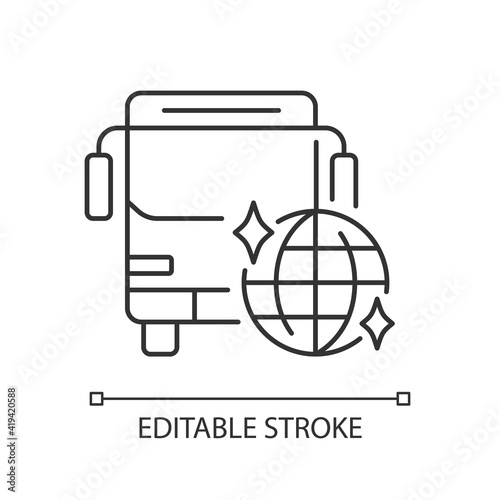 Party bus linear icon. Ability to coolly celebrate the holiday. Disco bus. Disco in motion. Thin line customizable illustration. Contour symbol. Vector isolated outline drawing. Editable stroke