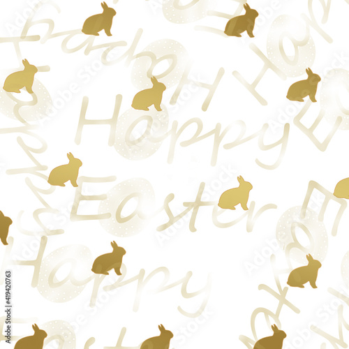 Handwriting inscription Happy Easter. Lettering, calligrahy. Pattern with bunnies and text HAPPY EASTER. 