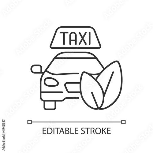 Eco-friendly taxi linear icon. Modern ecology movement. Contemporary transportation issues. Thin line customizable illustration. Contour symbol. Vector isolated outline drawing. Editable stroke