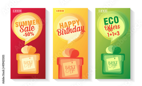 Set of greeting cards or promo banners with illustration of gift box and speech bubble with promo text
