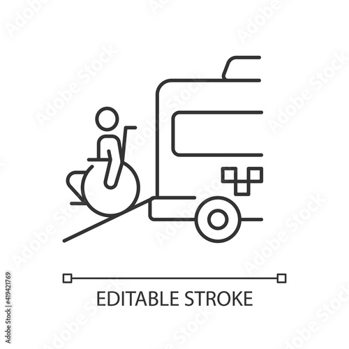 Wheelchair van linear icon. Accessible van. Increased mobility of people with disability. Thin line customizable illustration. Contour symbol. Vector isolated outline drawing. Editable stroke