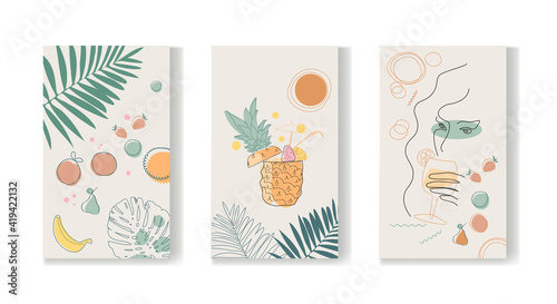 A set of abstract vector posters. Drawing lines and color spots of leaves, women, sea, botany, fruit, cocktails with abstract forms of minimalistic and natural wall art. Vector illustration