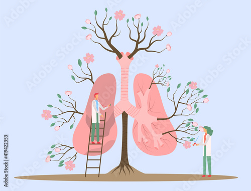 Vector illustration an abstract human lungs, fun tiny humans help it be healthy and vibrant