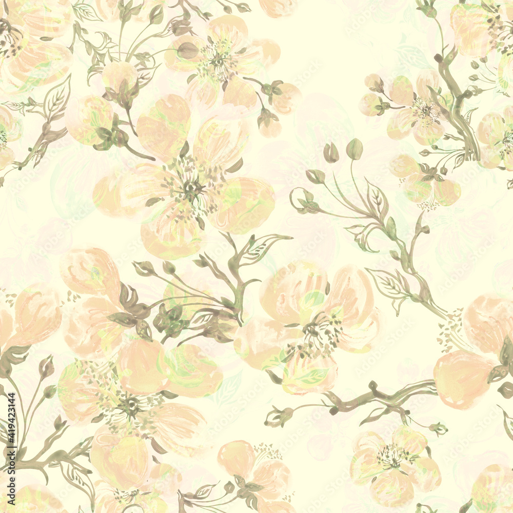  Abstract floral seamless pattern drawn blooming spring branch