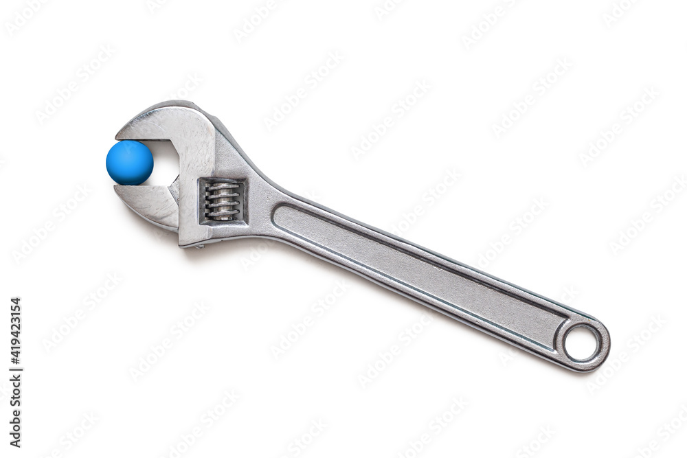 Adjustable wrench with blue ball, isolated on white background Adjustable wrench with blue ball, isolated on white background