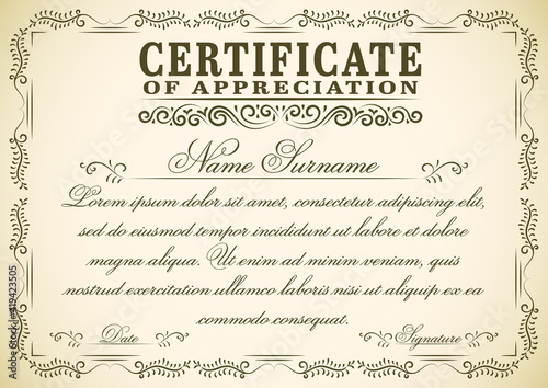 A4 size vintage certificate vector design with retro style frame. Old style diploma graphic for print.