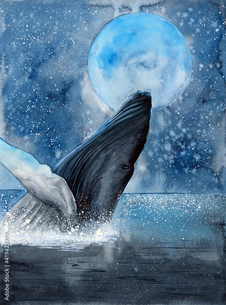 Watercolor illustration of a whale emerging from the ocean on the ...