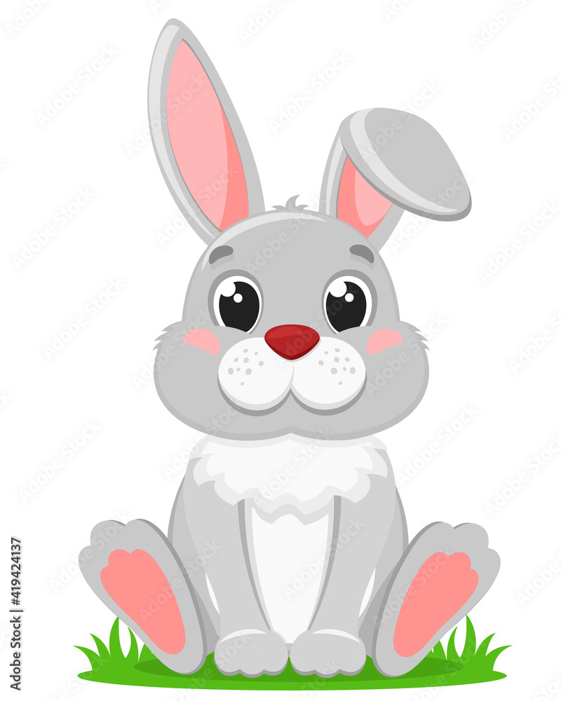 The gray rabbit sits on the grass. Character