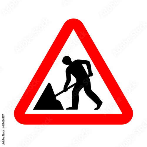Road works sign, under construction. Warning red road sign, triangle shape with red border, working man isolated on white background. Vector illustration.
