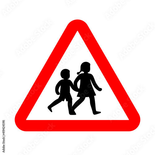 School crossing sign, roadsign with warning for crossing children. Vector illustration.