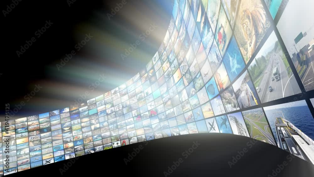 Wall of screens, many images, rays of light - great for topics like broadcasting tv channels or movies over the Internet, communication, entertainment etc - loopable digital animation - 4K animation
