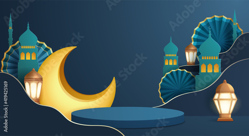 3D illustration of classic blue Muslim Islamic festival theme product display background with crescent moon and Islamic decorations.