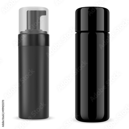 Black cosmetic bottle mockup. Pump package, spray tube. Men shampoo bottle, lastic container design.Liquid moisturizer glossy package, realistic illustration. body careliquid soap