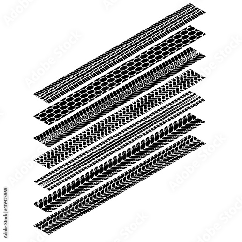 Tire tracks isometric simplify silhouettes set