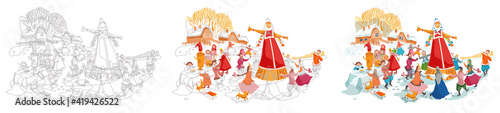 Image of cheerful country festivities and Russian fun.  The process of creating an illustration from a graphic image to a color one.