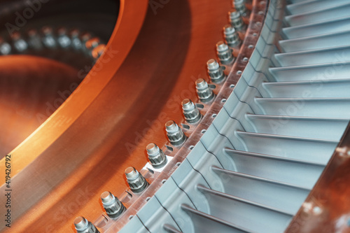 Photography A rotor disc with blades of a turbojet gas turbine engine, inside view