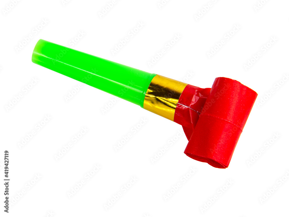 Rolled bright festive noisemaker or party whistle horn isolated on the white background Rolled bright festive noisemaker or party whistle horn isolated on the white background