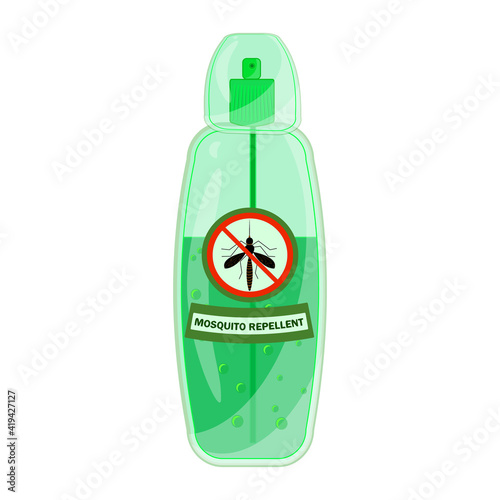 Mosquito repellent isolated on white background. Mosquito repellent spray with pest stop sign. Bug repellent spray aerosol prevention. Outdoor protection, repelling flying insects. Vector illustration