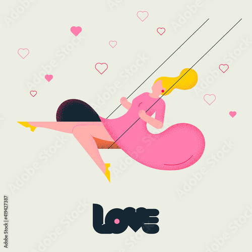 Young woman with blonde hair in pink dress so happy sitting on swing. Illustration for Valentine's day 