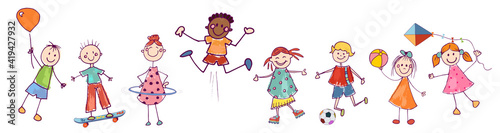Diversity group of happy sweet kids in action playing and jumping. Kindergarten. Preschool. Funny active and joyful smiling multiethnic multicultural children. Stylized drawing. Cartoon