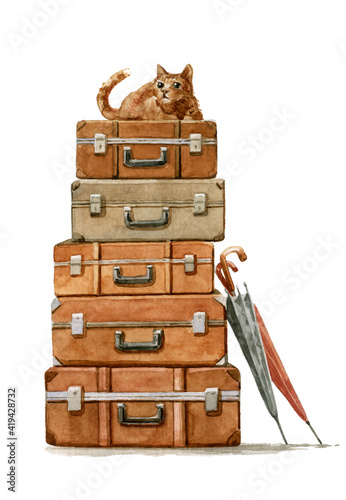 Red cat on old suitcases. A stack of old suitcases, umbrellas, and a cat. Brown suitcases on a white background. A red cat on a tower of old suitcases.