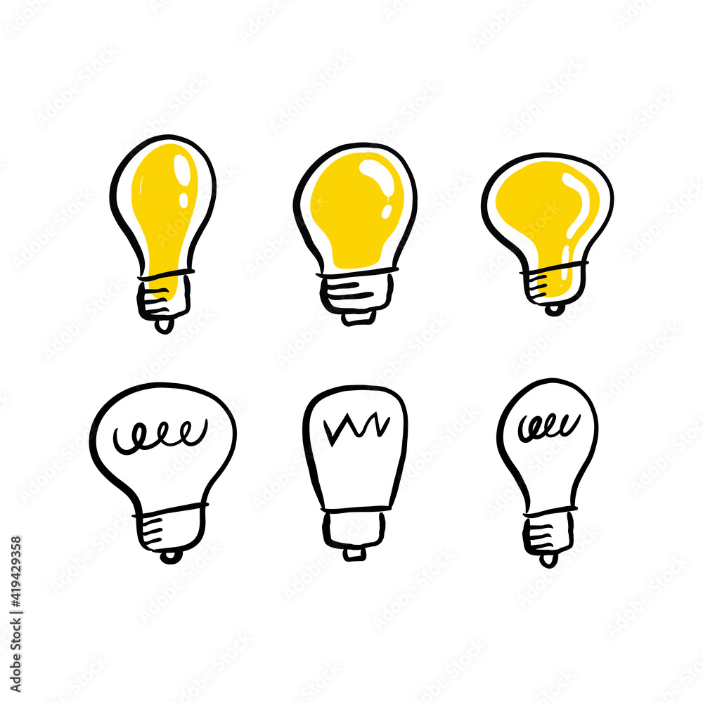 Light bulb doodle collection. Set of hand drawn electric lamp. Symbol of idea, innovation and solution. Light bulb doodle collection. Set of hand drawn electric lamp. Symbol of idea, innovation and solution.