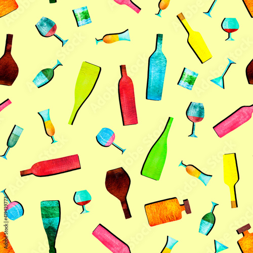 Colorful stylized bottles and glasses. Seamless pattern. Illustration.