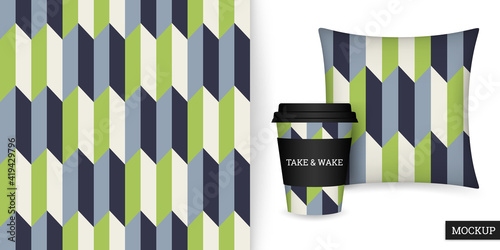 Geometric seamless pattern. Abstract background with elegant green, blue stripes. Repeating texture. Colorful ornament in stripe. Vector illustration. Design paper, wallpaper, textile, fabric. Mockup.