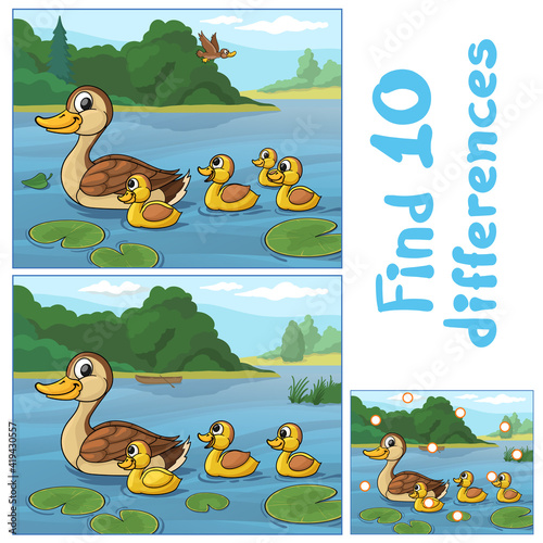 Funny duck with ducklings. Find 10 differences. Vector illustration.