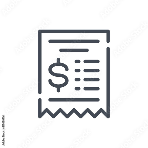 Receipt, bill and invoice line icon. Finance document with dollar vector outline sign.