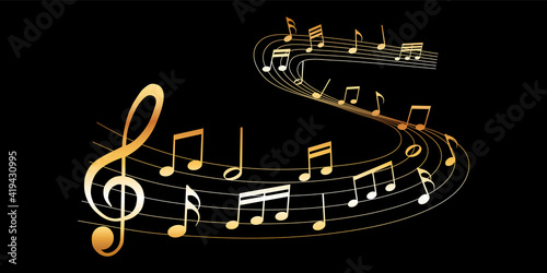 vector sheet music - gold musical notes melody on dark background	
