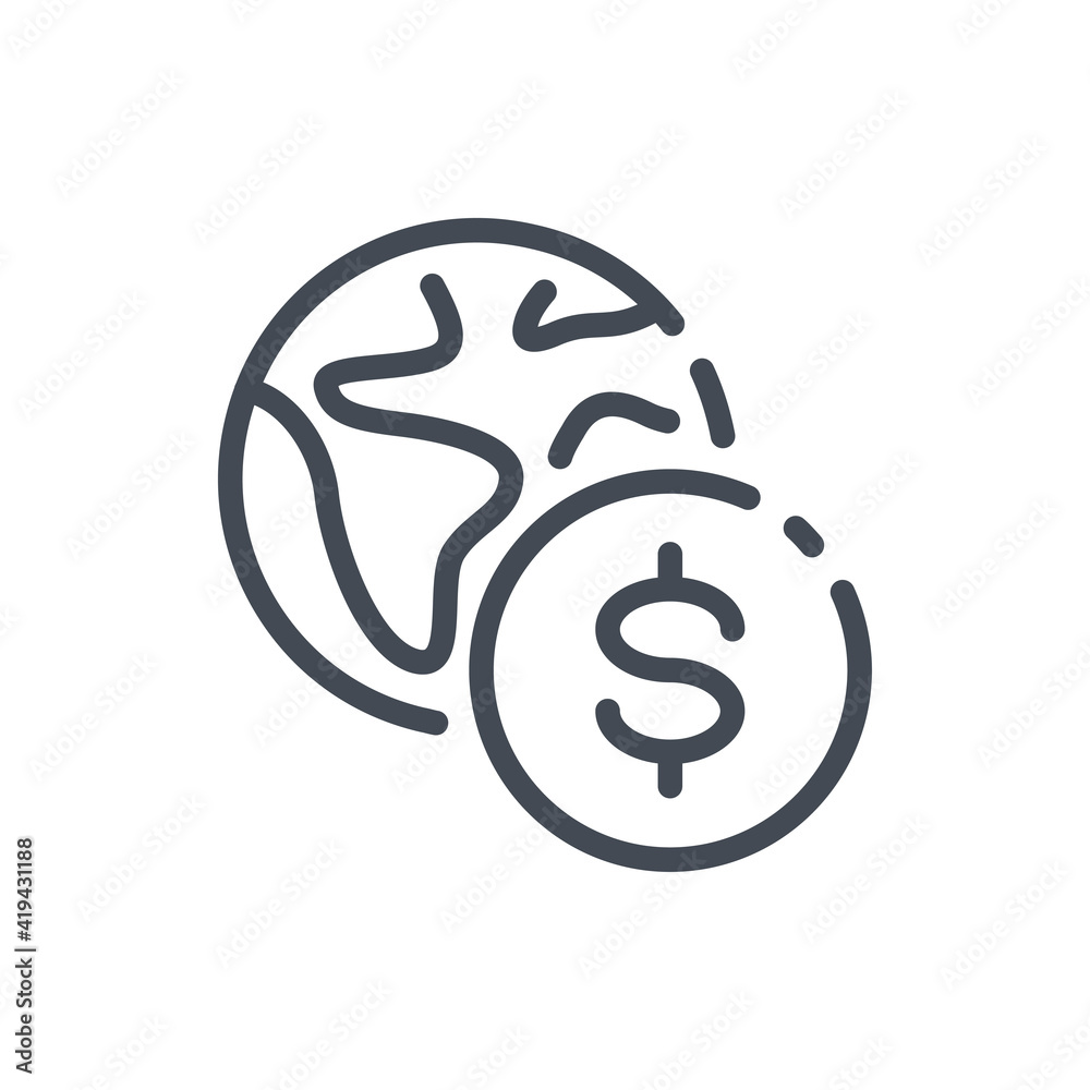 Online payment line icon. Planet earth with dollar coin vector outline sign. Online payment line icon. Planet earth with dollar coin vector outline sign.