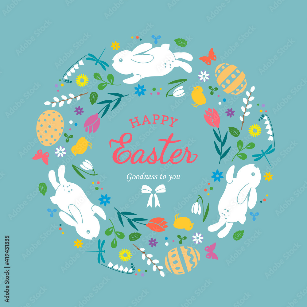 holiday card or banner template. Happy Easter cute Easter bunnies with eggs and flowers with a greeting lettering.
