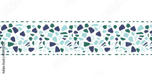 Blue and Green Italian Terrazzo Seamless Border. Venetian Marble Flooring Texture Vector Background.