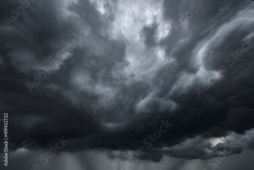 Rain and dark rain clouds. Stormy dark sky with black clouds and a strong wind. Panoramic view. Concept on the theme of weather, natural disasters, rainstorm, thunderstorm.