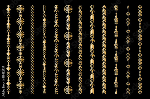 Tribal geometric gold pattern. Boho jewellery ornament. Vector design for stickers, tattoo, noteboot, bag, t-shirt.