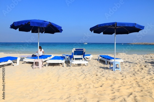 Fototapeta Naklejka Na Ścianę i Meble -  Cyprus beach chairs - Makronissos
