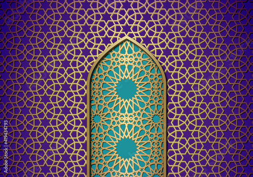 Abstract background with door, islamic ornament, arabic geometric pattern or texture. Golden lined tiled motif over colored background with gate.