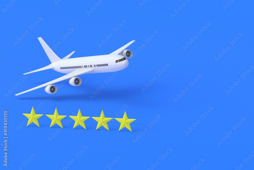 Obraz premium Plane near five yellow stars. Concept of best airline. Excellent feedback. Good rating of travel company. Luxury passenger transportation. Fine air services. Copy space. 3d rendering