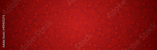 Red Easter banner with color eggs decorated with flowers and leafs. Easter Day holiday design. Horizontal background, headers, posters, cards, website. Vector illustration.