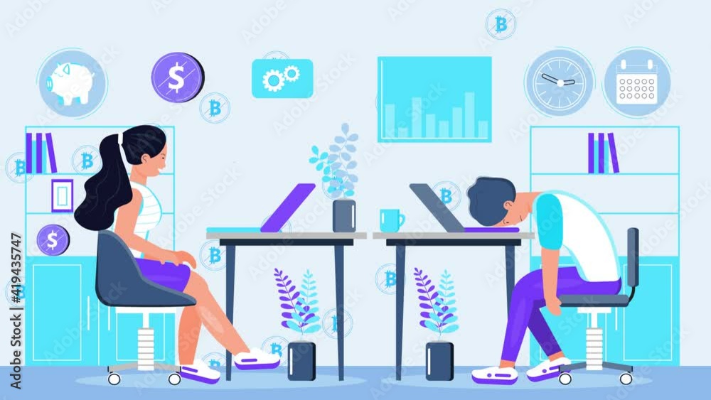Woman typing animation. Office interior video. Burnout in professional life. Tired frustrated employee is sitting at table. Brainstorming is out. Motion of business icons. Woman typing animation. Office interior video. Burnout in professional life. Tired frustrated employee is sitting at table. Brainstorming is out. Motion of business icons.