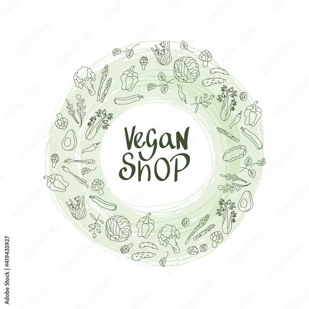Vegan shop sign with outline vegetables frame for price list ...