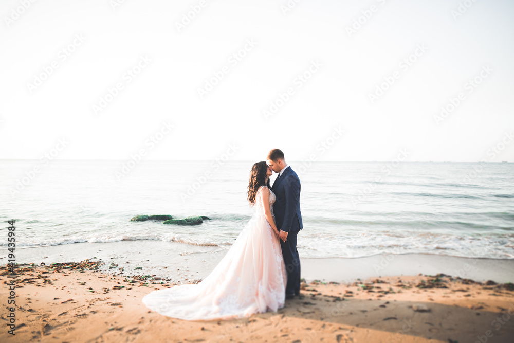 Happy wedding couple staying over beautiful landscape Happy wedding couple staying over beautiful landscape