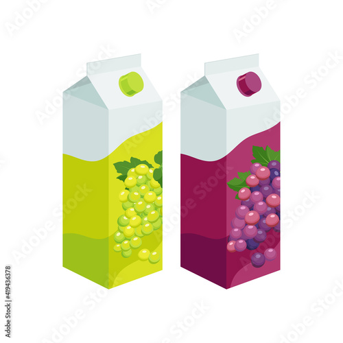 White and purple grape juice packaging. Grape product, vector illustration isolated on white background.