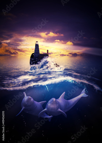 Lighthouse with dolphin underwater scene © AnnaPa